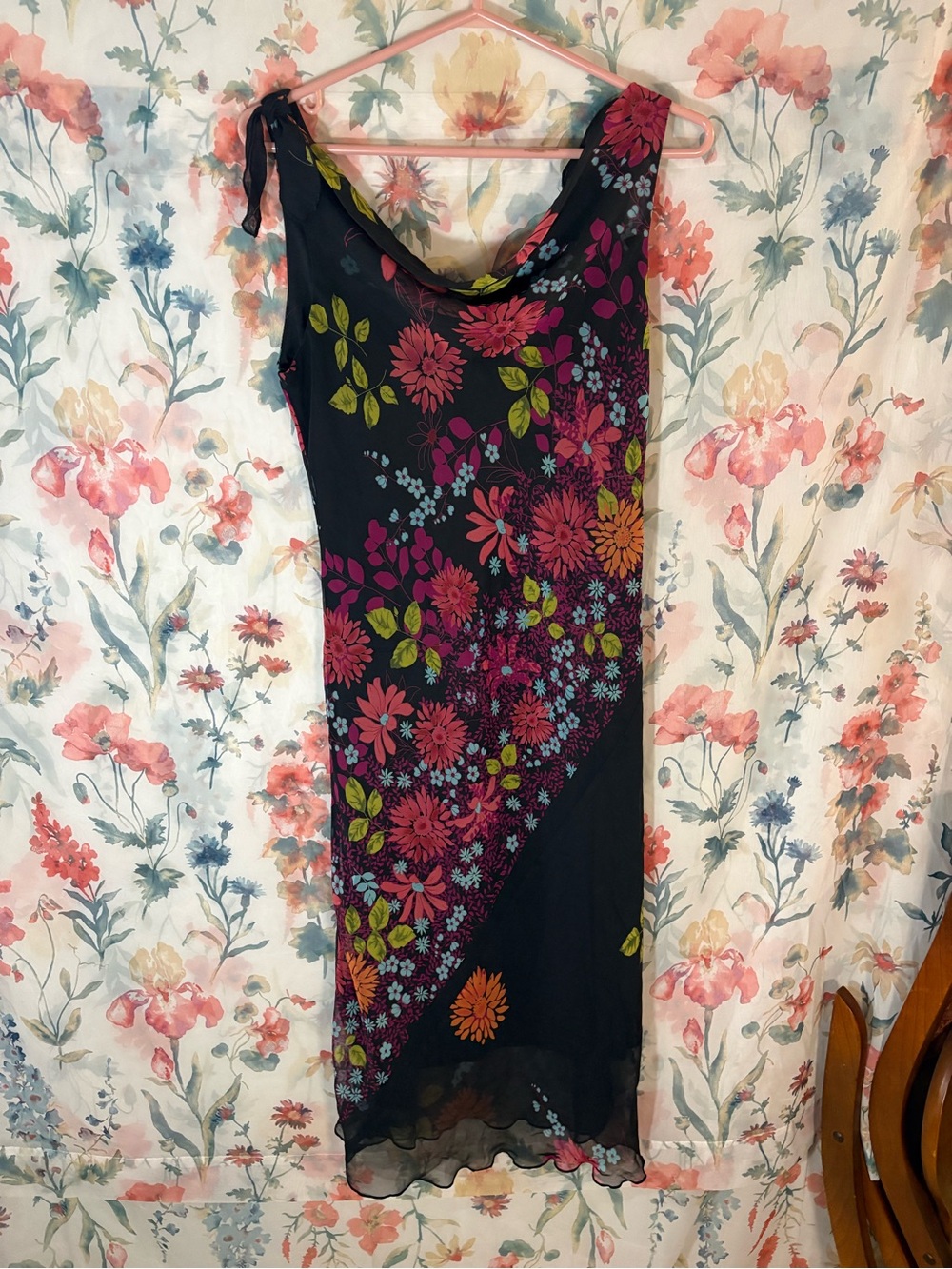 Vintage Floral Black Cowl Neck Slip Dress - Sleeveless Summer Midi